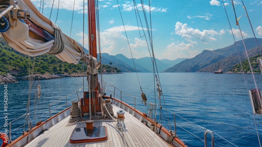 Obraz premium Deck view from a sailing ship with beautiful seascape.