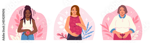 Womens health care concept. Happy girls with heart shaped hands on their belly. Pregnancy and caring for female reproductive system. Flat vector illustration isolated on white background