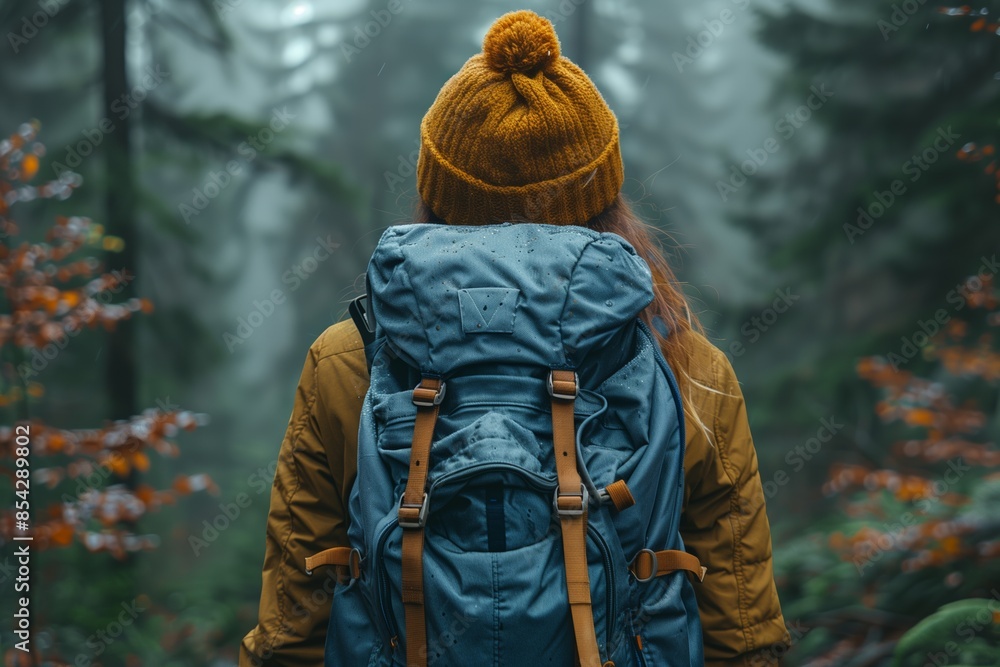 Woman Hiking Through a Foggy Forest With a Backpack Woman Hiking Through a Foggy Forest With a Backpack
