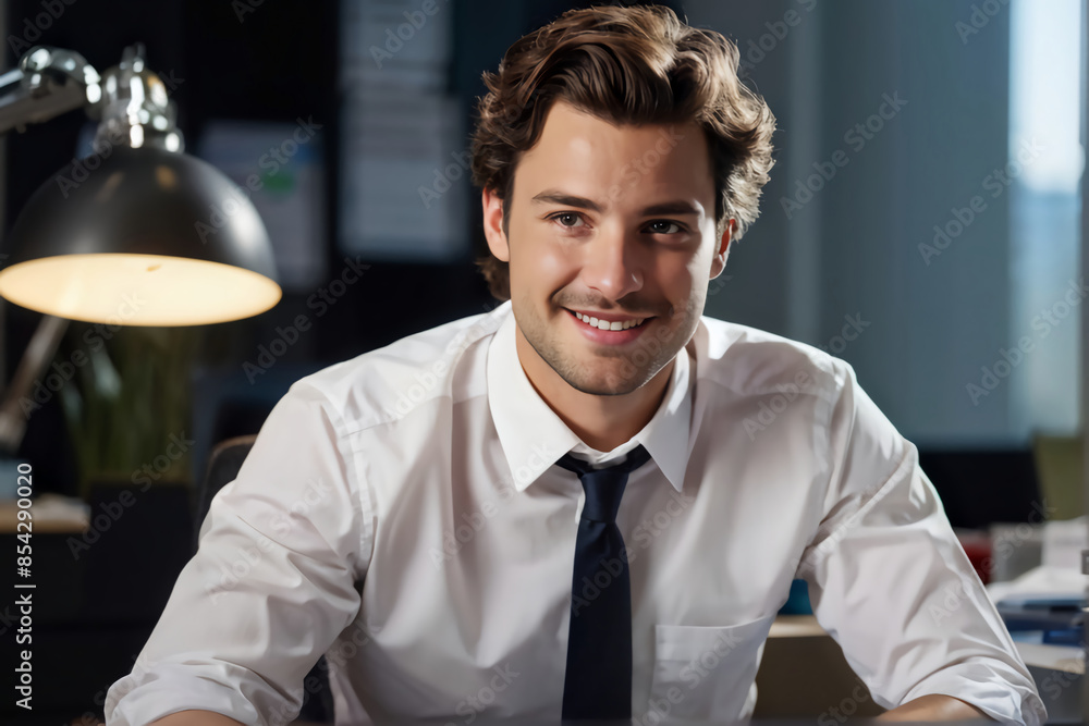 Portrait of young businessman in shirt, man smiling and looking at camera at workplace inside office, accountant with calculator behind paper work signing contracts and financial reports Portrait of young businessman in shirt, man smiling and looking at camera at workplace inside office, accountant with calculator behind paper work signing contracts and financial reports