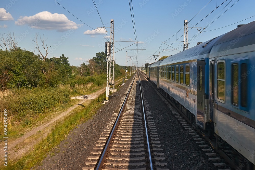 Rails with train, railway travel Rails with train, railway travel