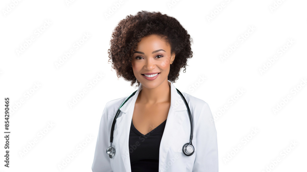Portrait of a smiling African American female doctor with stethoscope, isolated on transparent background Portrait of a smiling African American female doctor with stethoscope, isolated on transparent background