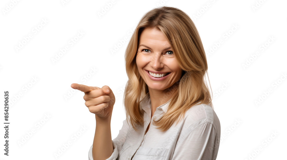 Smiling middle aged woman pointing at something with her finger, isolated on transparent background Smiling middle aged woman pointing at something with her finger, isolated on transparent background