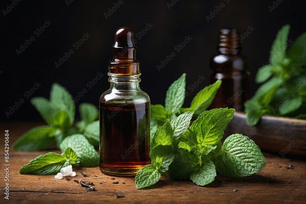 Peppermint Oil: A dark amber bottle of peppermint oil, surrounded by a few sprigs of fresh peppermint leaves. Peppermint Oil: A dark amber bottle of peppermint oil, surrounded by a few sprigs of fresh peppermint leaves.