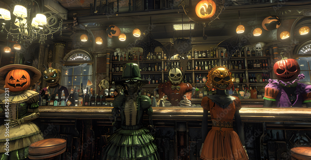 A group of four Halloween themed people are standing at a bar A group of four Halloween themed people are standing at a bar