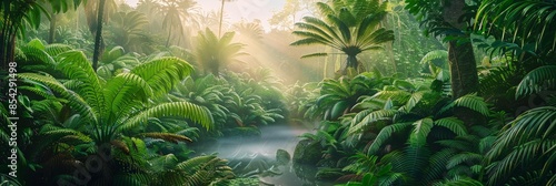 Deep tropical rainforest with green plants, moss, ferns.