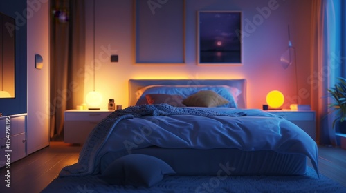 A stylish bedroom with a modern design, featuring soft ambient lighting from bedside lamps and a cozy, neatly made bed.