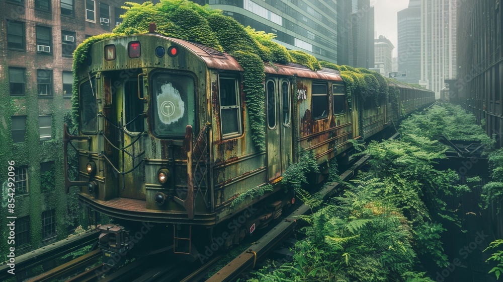 Obraz premium Abandoned subway train with city debris with green plants growing. Post apocalypse scene.