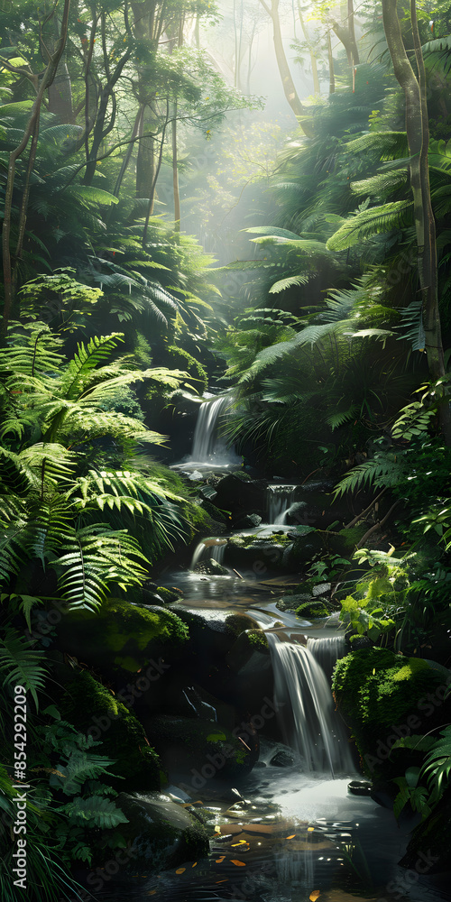 Floresta exuberante com cachoeira nebulosa Floresta exuberante com cachoeira nebulosa