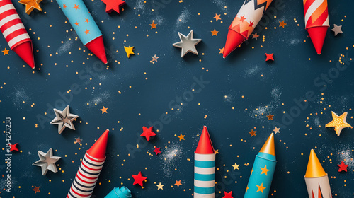 Firework rockets arranged on a dark blue background with bright red, white, and blue colors, star patterns, and stripes. The scene captures Independence Day excitement with subtle sparkles
