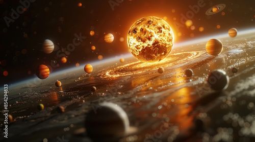 Fototapeta Naklejka Na Ścianę i Meble -  dramatic solar system scene with planets orbiting a glowing sun in deep space