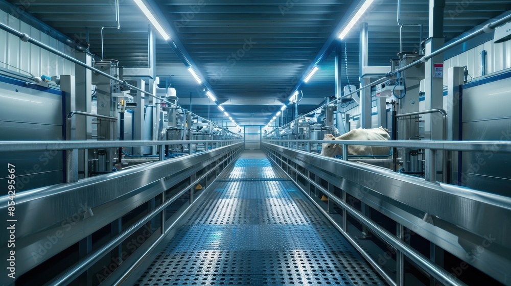 Modern industrial facility interior with stainless steel machinery and equipment, showcasing advanced manufacturing technology and precision engineering. Modern industrial facility interior with stainless steel machinery and equipment, showcasing advanced manufacturing technology and precision engineering.