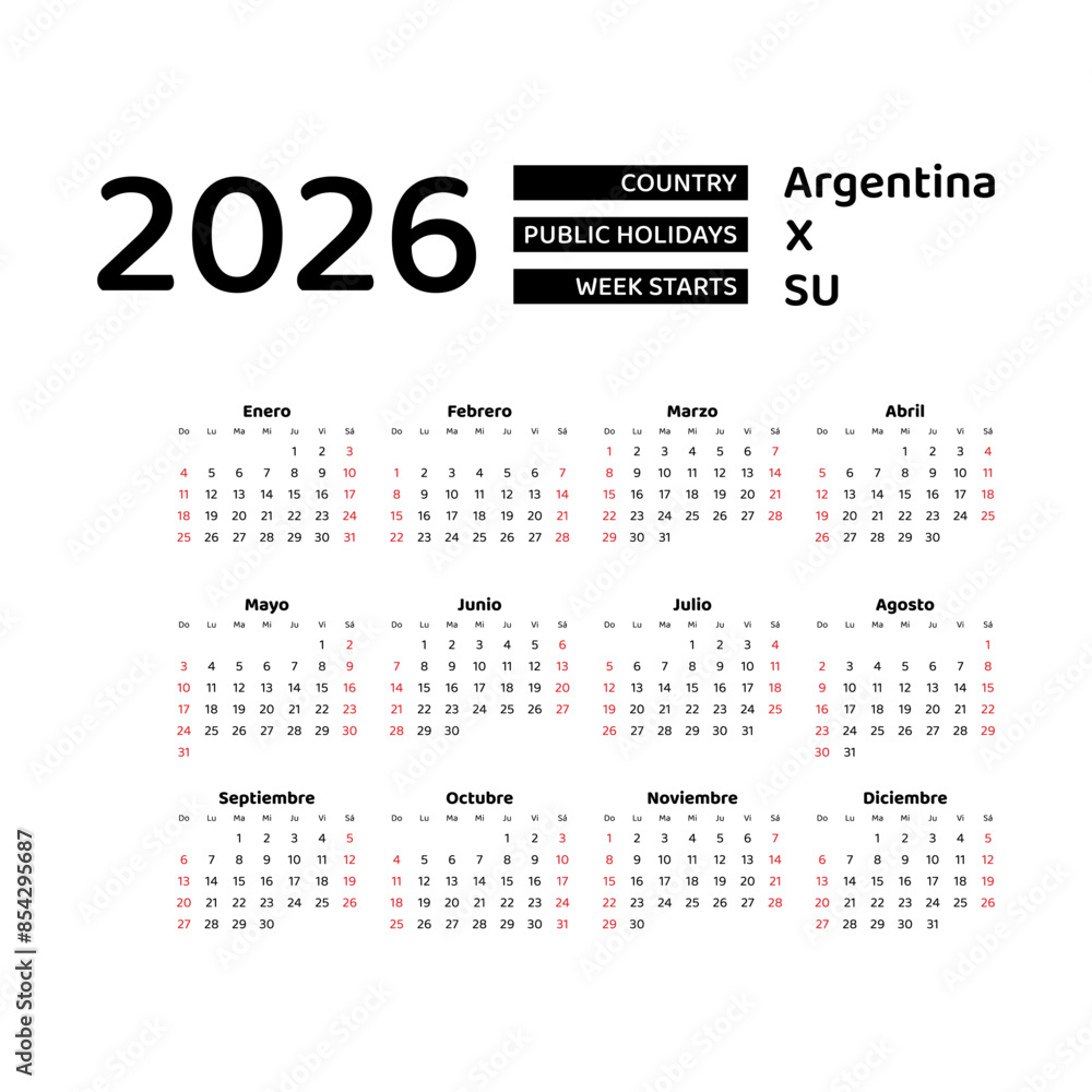 Argentina Calendar 2026. Week starts from Sunday. Vector graphic design ...