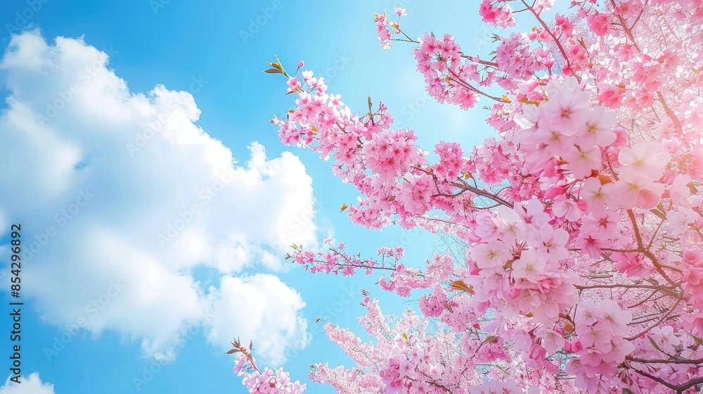 Cherry blossom in full bloom under blue sky Cherry blossom in full bloom under blue sky