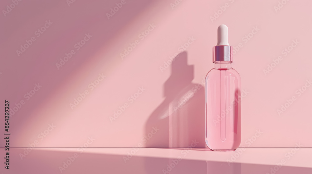 elegant pink serum bottle on a soft pink background with delicate shadows, skincare product concept, with copy space for text elegant pink serum bottle on a soft pink background with delicate shadows, skincare product concept, with copy space for text