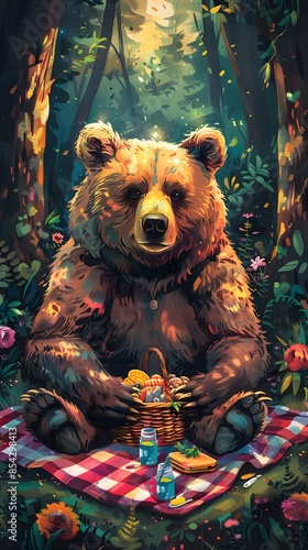 Fauvism Art, A bear hosting a traditional picnic in the wilderness, complete with checkered blanket and basket., simple line