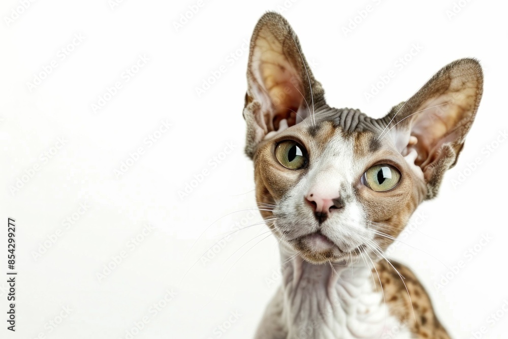 Hairless cat with green eyes looking up at the camera in a beauty closeup portrait shot Hairless cat with green eyes looking up at the camera in a beauty closeup portrait shot