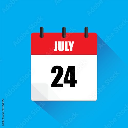 Calendar page icon. July twenty fourth. Red and white design. Blue background.