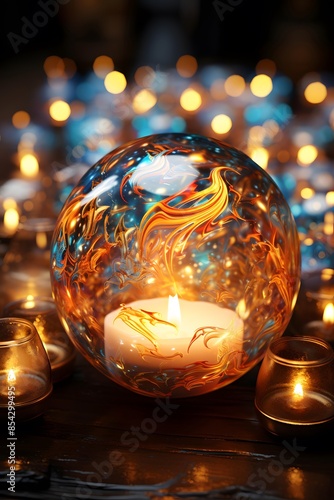 Decorative crystal ball with burning candles on dark background. Christmas background