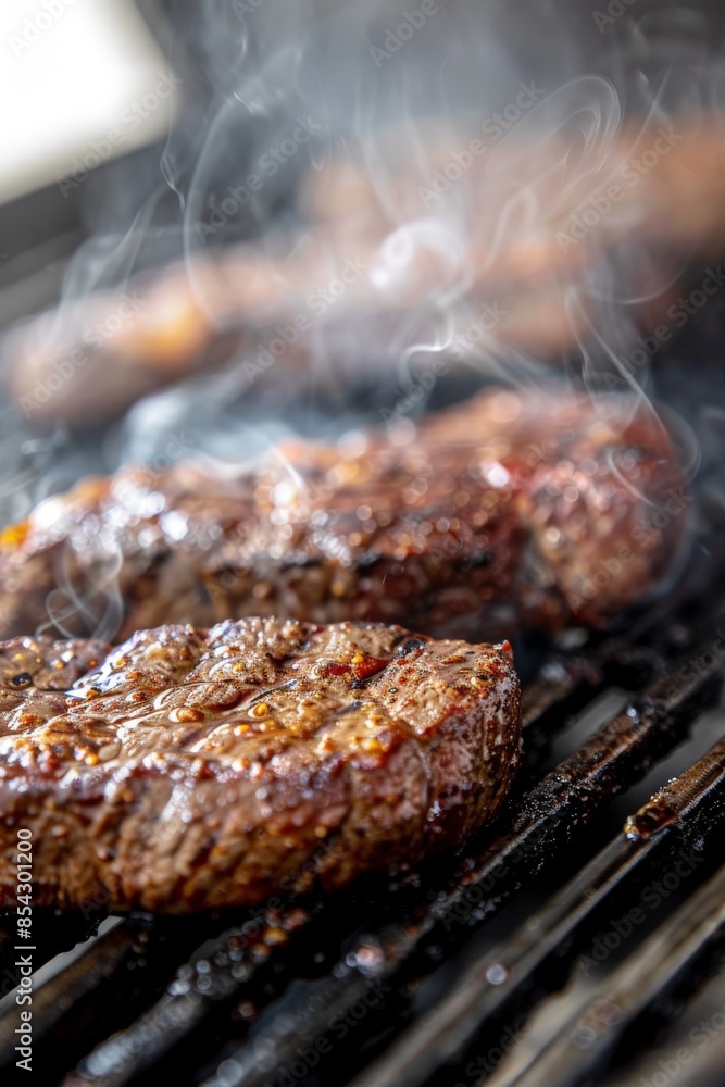 Heat from a grill searing a steak, deep brown crust forming, smoky aroma barbecue perfection Heat from a grill searing a steak, deep brown crust forming, smoky aroma barbecue perfection