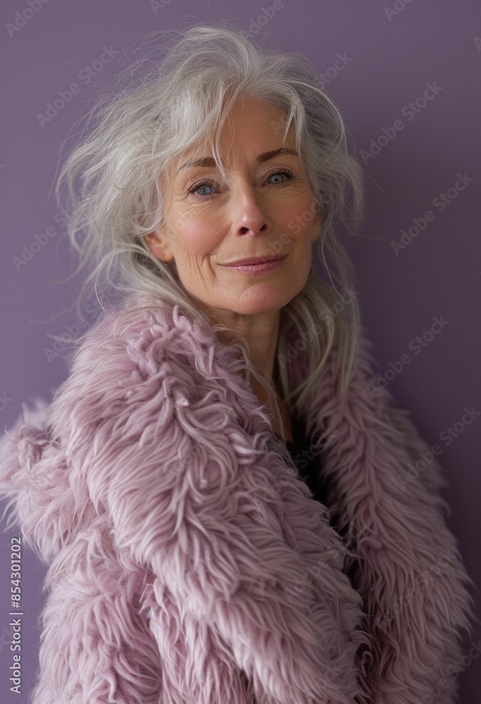 Stylish Woman in Purple Fur Coat Posing in Front of Matching Wall, Fashionable Beauty Portrait with Pop of Color