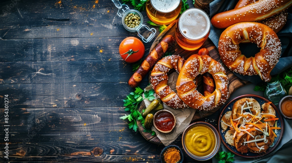 Traditional Oktoberfest set. Pretzels, beer, weisswurst and eisbein with mustard. German festival food concept. Trendy hard light, dark shadow, wooden background, top view Traditional Oktoberfest set. Pretzels, beer, weisswurst and eisbein with mustard. German festival food concept. Trendy hard light, dark shadow, wooden background, top view