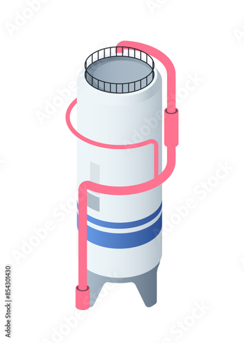 Isometric compressed gas storage tank. Icon with industrial equipment for storing propane. Vertical container or canister for liquefied gas. 3D vector illustration isolated on white background