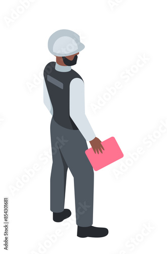Industrial worker isometric icon. Man contractor with documents controls quality of work at enterprise and production. Factory employee in helmet. 3D vector illustration isolated on background