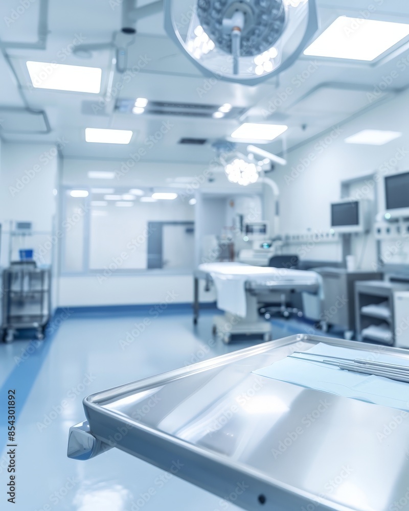Operating room in hospital, state-of-the-art technology, well-lit, surgical instruments, clean and sterile, medical team Operating room in hospital, state-of-the-art technology, well-lit, surgical instruments, clean and sterile, medical team