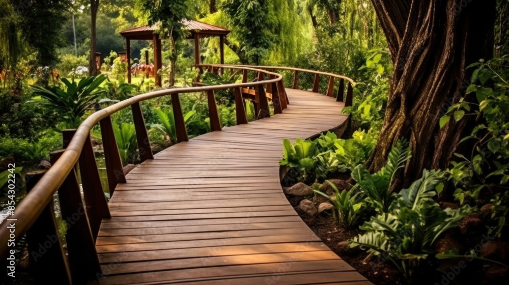 A wooden bridge with a path leading across it A wooden bridge with a path leading across it