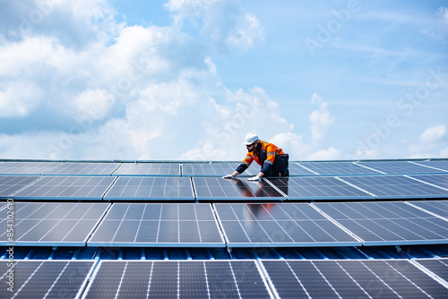 Engineer service check installation solar cell on the roof of factory , Sustainable energy industry concept, Renewable energy solution for climate change