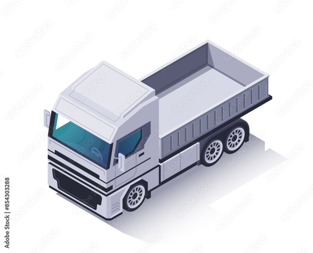 Fototapeta premium Isometric truck icon. Empty dump truck or tipper with container or trailer for cargo delivery. Freight transport or logistics vehicle. Cartoon 3D vector illustration isolated on white background