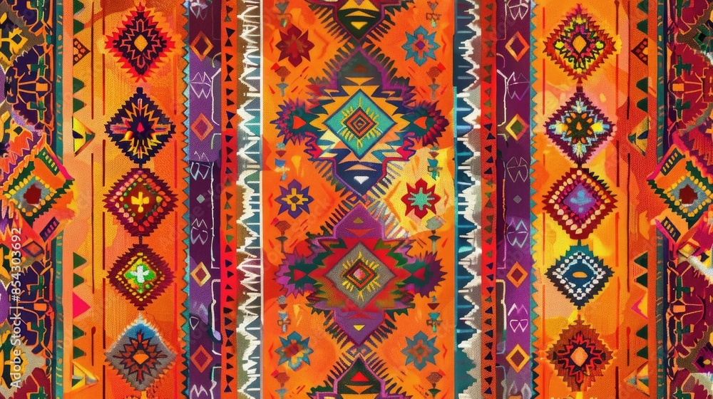 Vibrant Orange Decorative Backdrop with Ethnic Knit Patterns and Multicolored Wine Inspired Design Vibrant Orange Decorative Backdrop with Ethnic Knit Patterns and Multicolored Wine Inspired Design