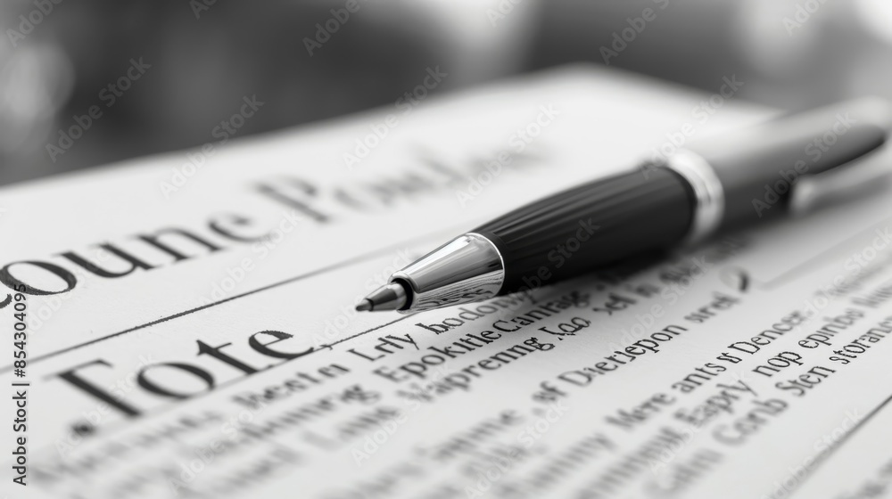 A pen is on top of a piece of paper with the word A pen is on top of a piece of paper with the word
