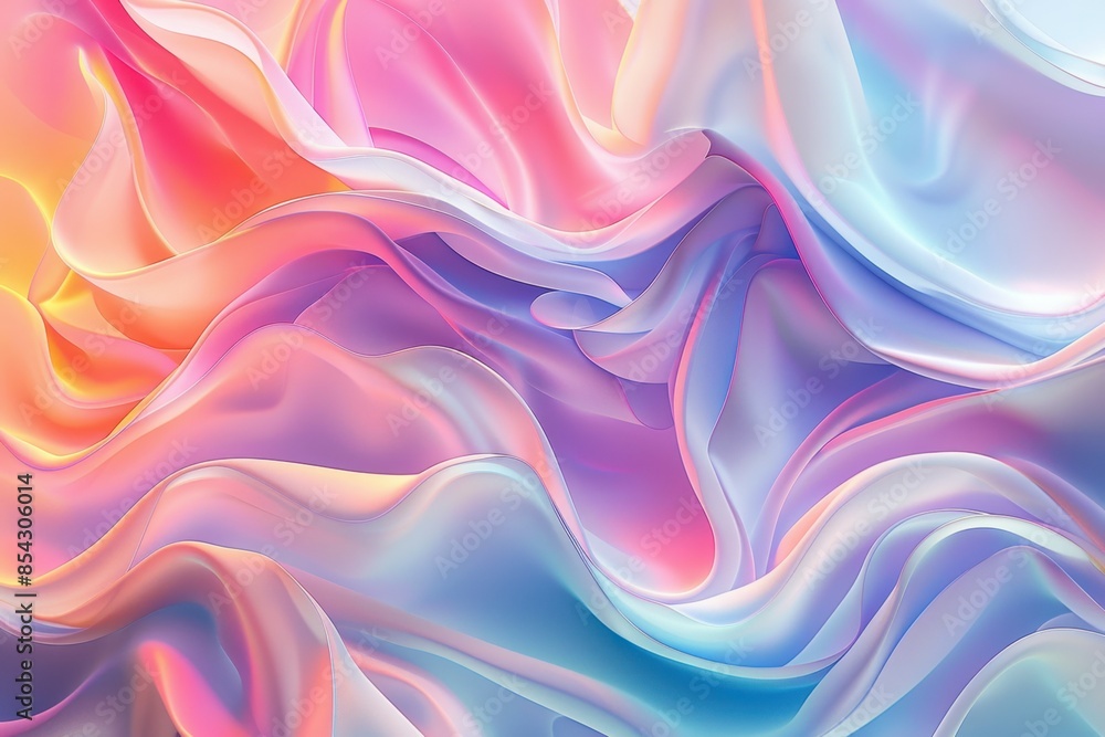 Obraz premium Gentle waves of pink, purple, and blue blend in fluid, silk-like textures, creating a dreamlike, ethereal scene with a soothing, harmonious color palette.