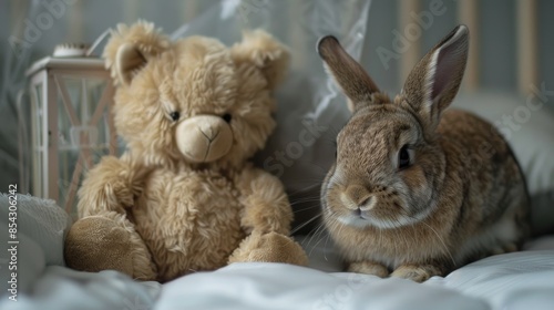 A teddy bear quarantined from a rabbit under glass during Covid 19 © 2rogan