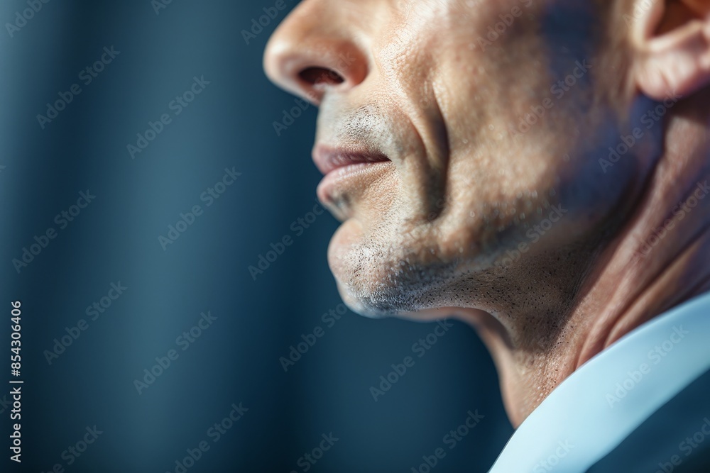 Close-up of an executive delivering a keynote speech, with a serious expression and a blurred stage background Close-up of an executive delivering a keynote speech, with a serious expression and a blurred stage background