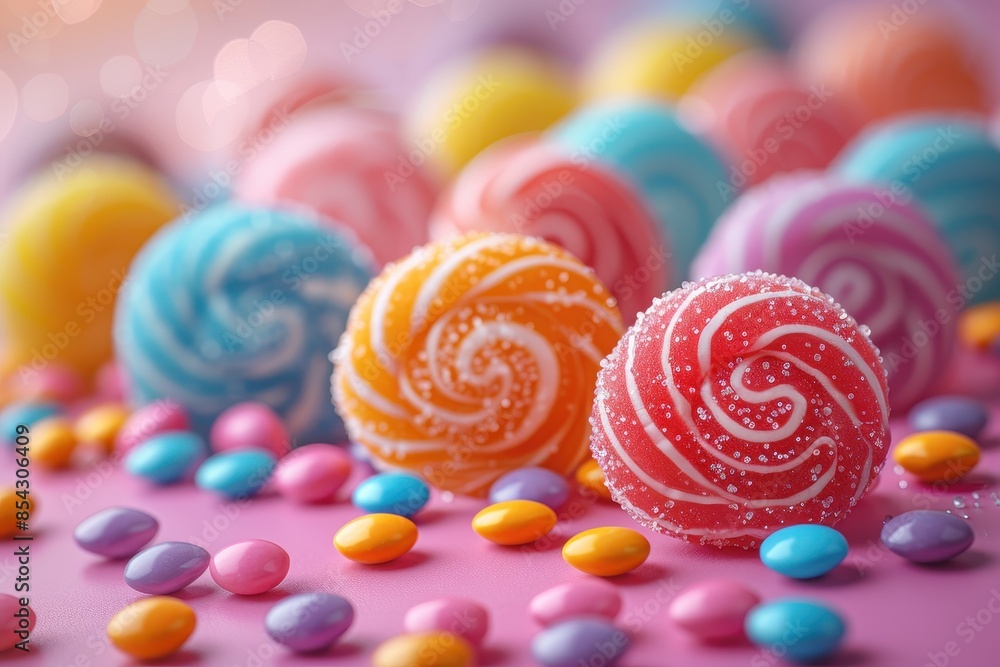 Colorful swirled lollipops and sugar-coated candies on a pink surface with twinkling bokeh lights in the background Colorful swirled lollipops and sugar-coated candies on a pink surface with twinkling bokeh lights in the background