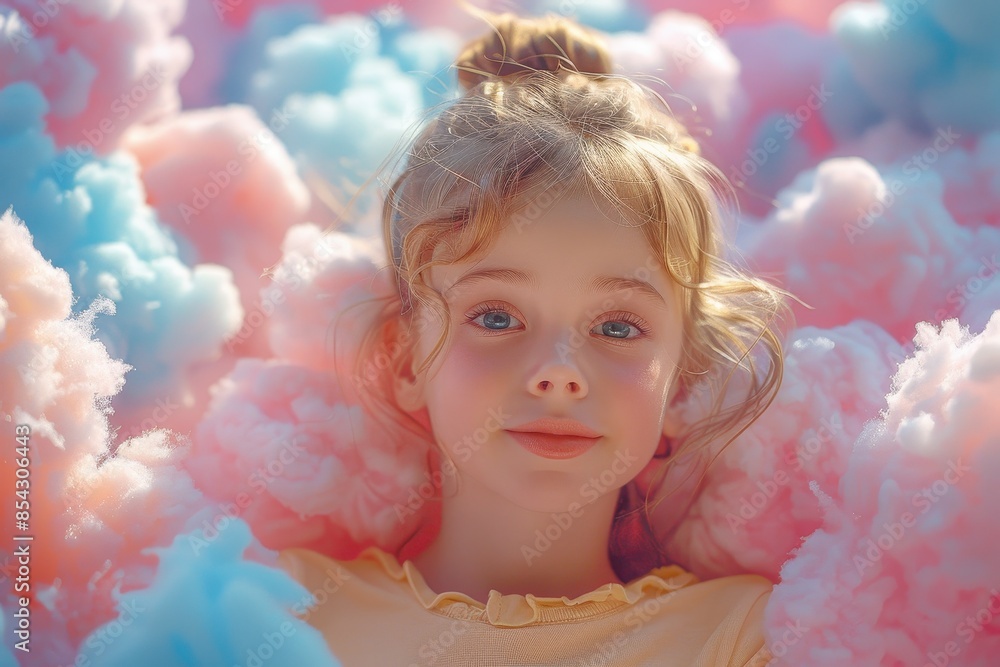 Fototapeta premium Little girl lying among fluffy pink and blue clouds, giving a dreamy, imaginative look