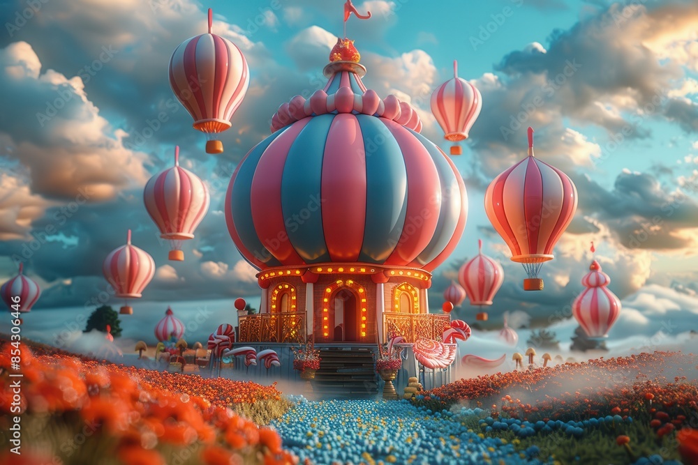 Fototapeta premium An enchanting digital artwork of a carousel covered in red and gold details floating among hot air balloons