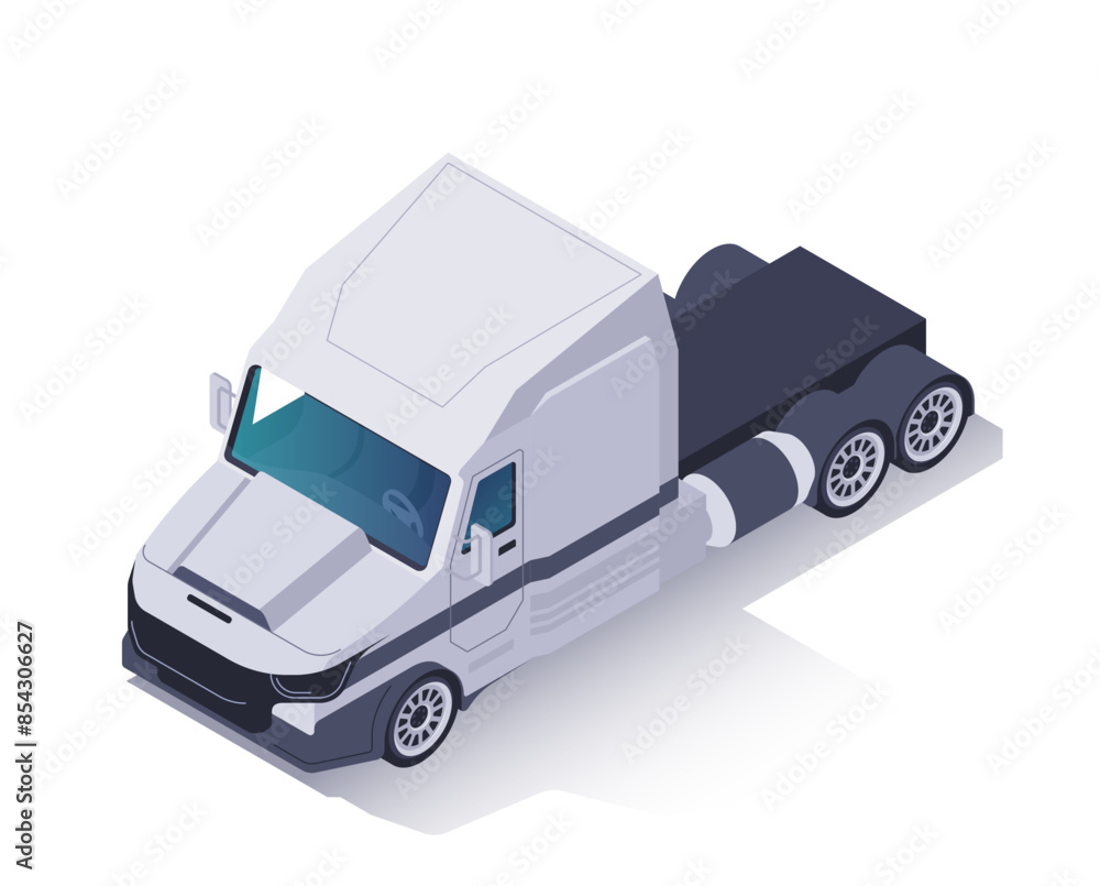 Isometric truck icon. Side view of freight transport with cargo container mount. Commercial vehicle for logistics, delivery and shipping. 3D vector illustration isolated on white background Isometric truck icon. Side view of freight transport with cargo container mount. Commercial vehicle for logistics, delivery and shipping. 3D vector illustration isolated on white background