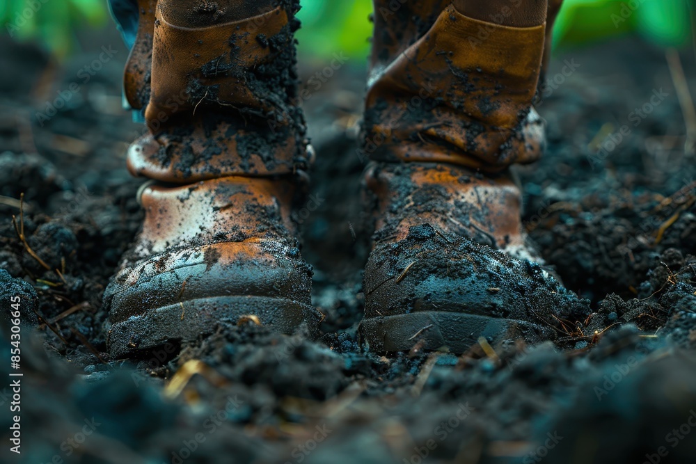 A pair of worn boots deeply soiled with mud, highlighting the concept of hard work and agriculture A pair of worn boots deeply soiled with mud, highlighting the concept of hard work and agriculture