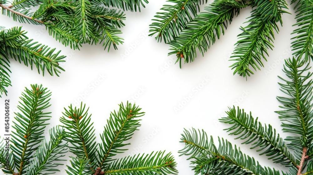 Christmas themed fir branches on a white backdrop with space for text Christmas themed fir branches on a white backdrop with space for text