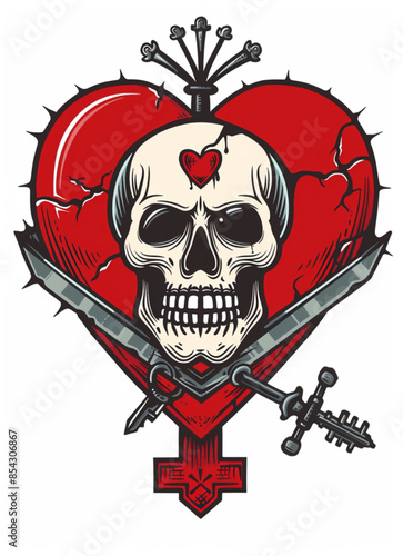 Striking skull drawing on a heart. Design suitable for tattoos
