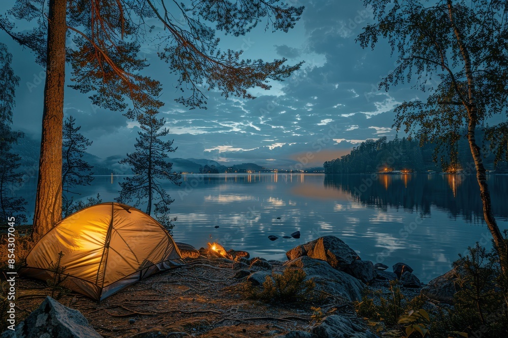 Illuminated tent by a serene lake at twilight, capturing the calm and serene atmosphere Illuminated tent by a serene lake at twilight, capturing the calm and serene atmosphere