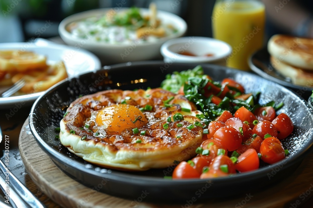 Sumptuous savory pancake topped with a sunny side up egg, served alongside fresh tomato salad with greens Sumptuous savory pancake topped with a sunny side up egg, served alongside fresh tomato salad with greens