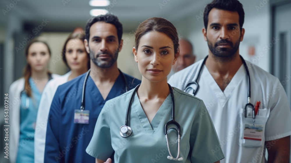a group of nurses standing in the hospital corridor. They wore medical scrubs and stethoscopes a group of nurses standing in the hospital corridor. They wore medical scrubs and stethoscopes
