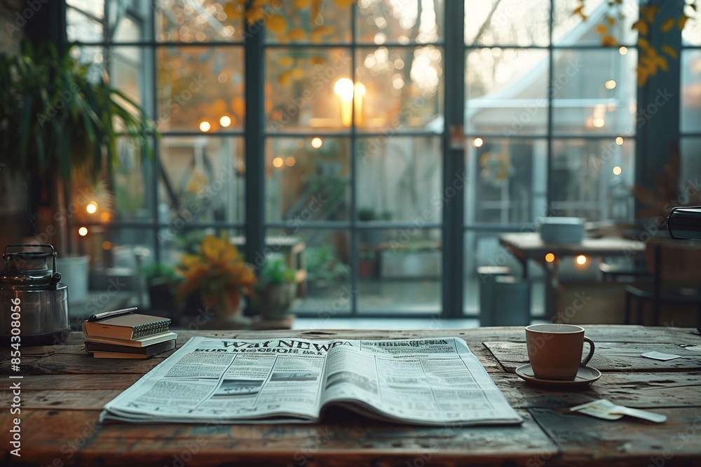 Open Newspaper on Wooden Table by Large Window With Lights Open Newspaper on Wooden Table by Large Window With Lights