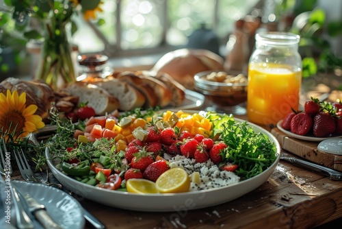 A vibrant breakfast table with fresh colorful salad, strawberries, and bread in bright sunlight