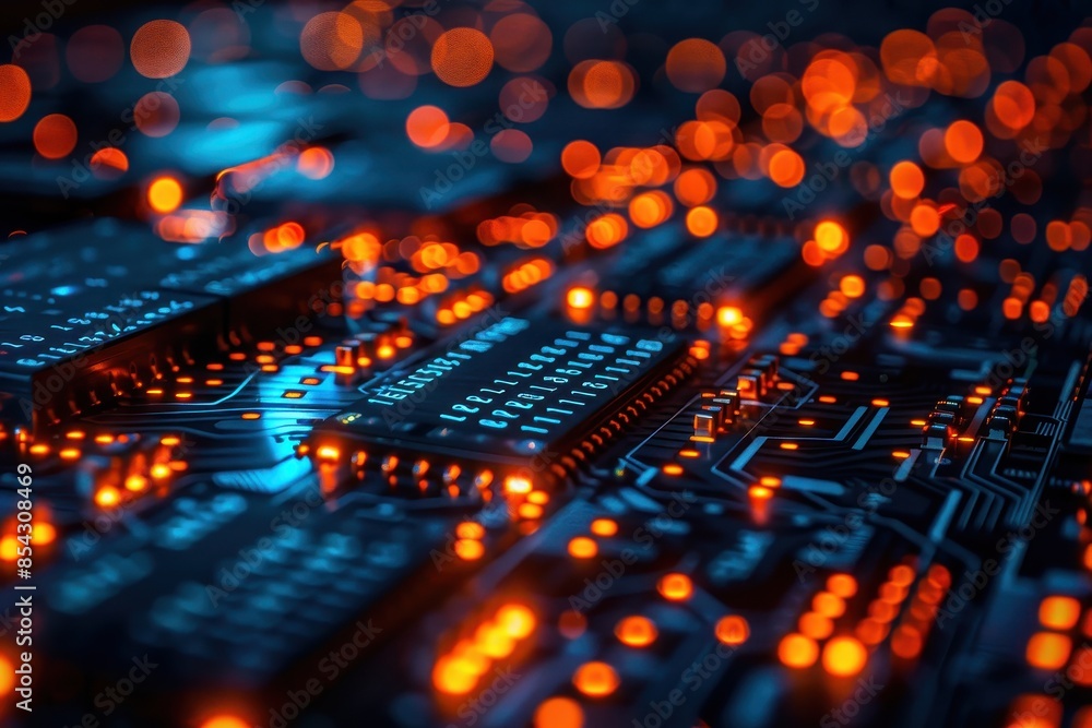 A visually striking image of a detailed circuit board with glowing red nodes highlighting connections, symbolizing electronics, and technology A visually striking image of a detailed circuit board with glowing red nodes highlighting connections, symbolizing electronics, and technology